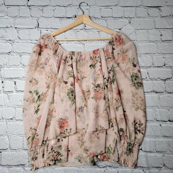 Laurie Felt Pink Blossom Florals Peasant LongSleeve Scrunch Cuff Blouse Size S - Picture 7 of 10